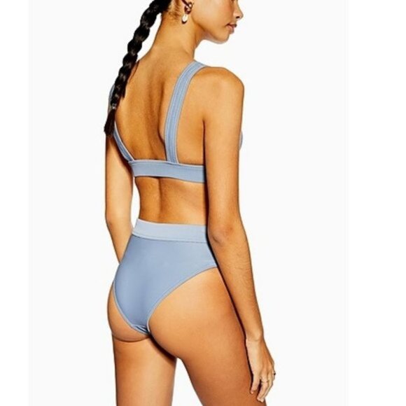 TOPSHOP Blue Ribbed Button High Waist Bikini Bottom - Picture 2 of 6